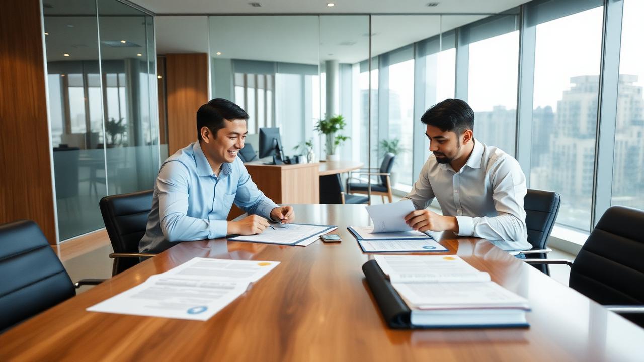 A business meeting reviewing contracts and company registration documents in Bangkok