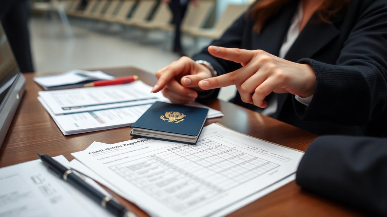 A consultant walking a client through visa paperwork and passport documents