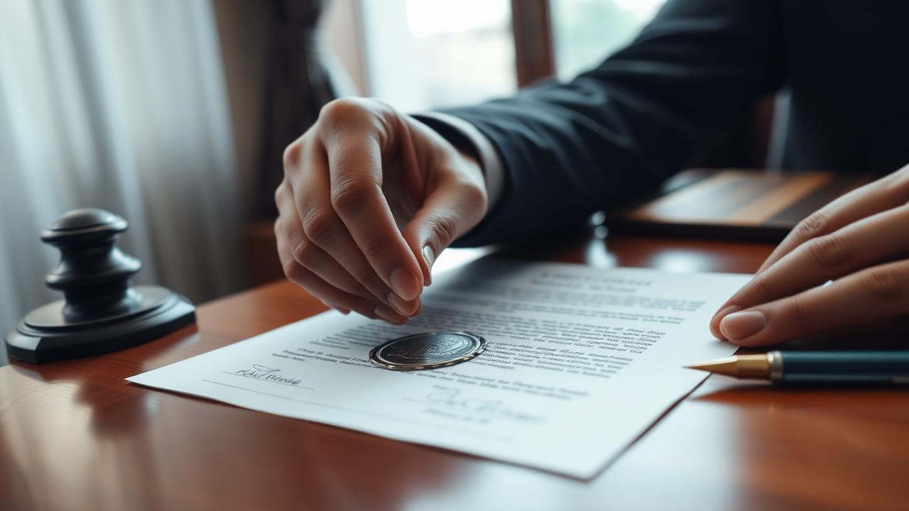 A Thai notarial services attorney applying a notarial seal to a signed document