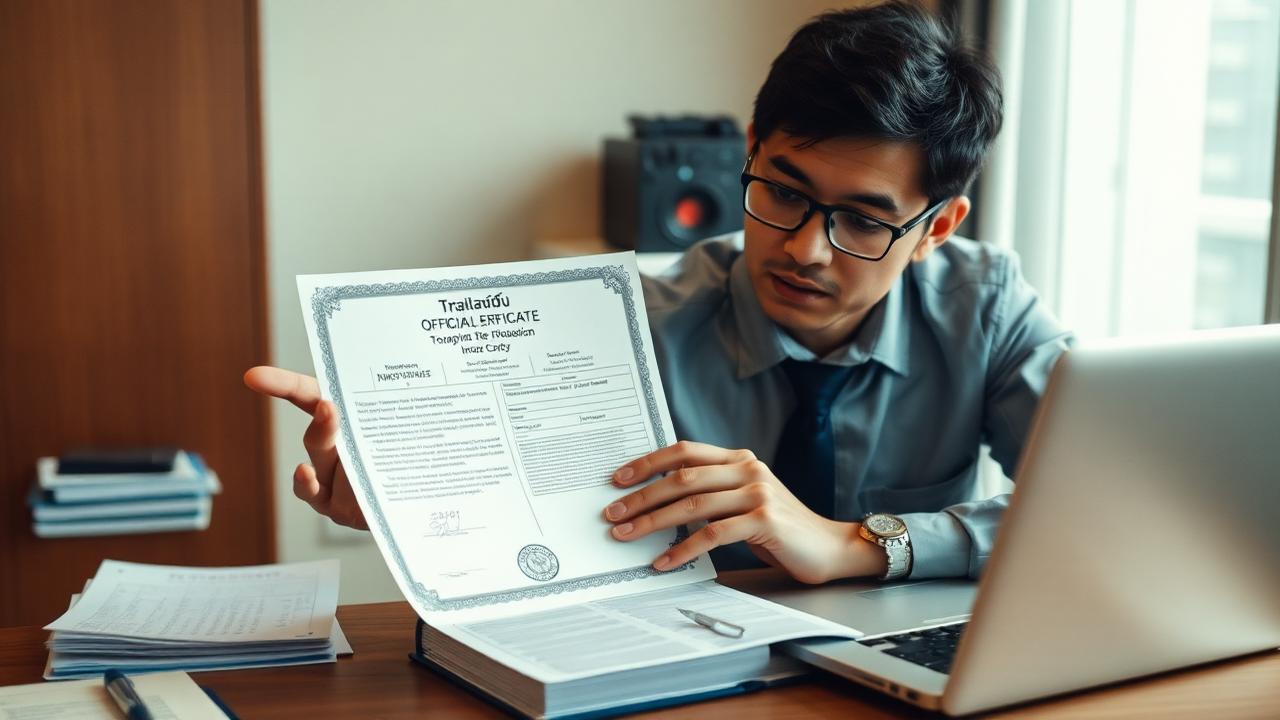 A translator checking a certified translation against the original Thai document