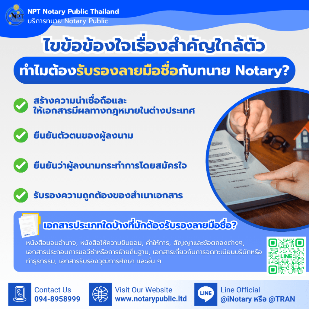 อินโฟกราฟิกของ NPT Notary Public Thailand ในหัวข้อ "ทำไมต้องรับรองลายมือชื่อกับทนาย Notary?" สรุปเหตุผลสำคัญคือ: เพื่อให้เอกสารมีผลทางกฎหมายในต่างประเทศ, เพื่อยืนยันตัวตนและความสมัครใจของผู้ลงนาม, และเพื่อรับรองความถูกต้องของสำเนาเอกสาร ประกอบกับภาพบุคคลกำลังลงนามในเอกสารและข้อมูลติดต่อ