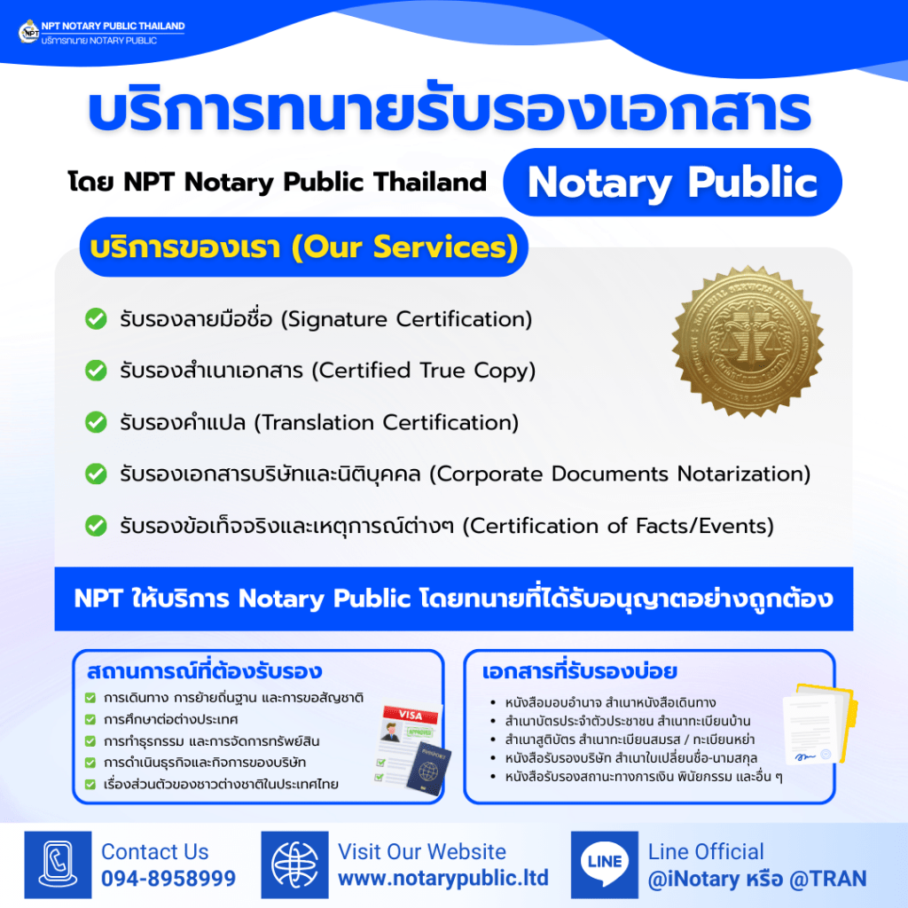 อินโฟกราฟิกแนะนำบริการทนายรับรองเอกสาร (Notary Public) ของ NPT Notary Public Thailand ประกอบด้วยรายการบริการ 5 ประเภท เช่น การรับรองลายมือชื่อ, รับรองสำเนาเอกสาร, และรับรองเอกสารบริษัท พร้อมข้อมูลติดต่อเบอร์โทรศัพท์, เว็บไซต์, และ Line Official